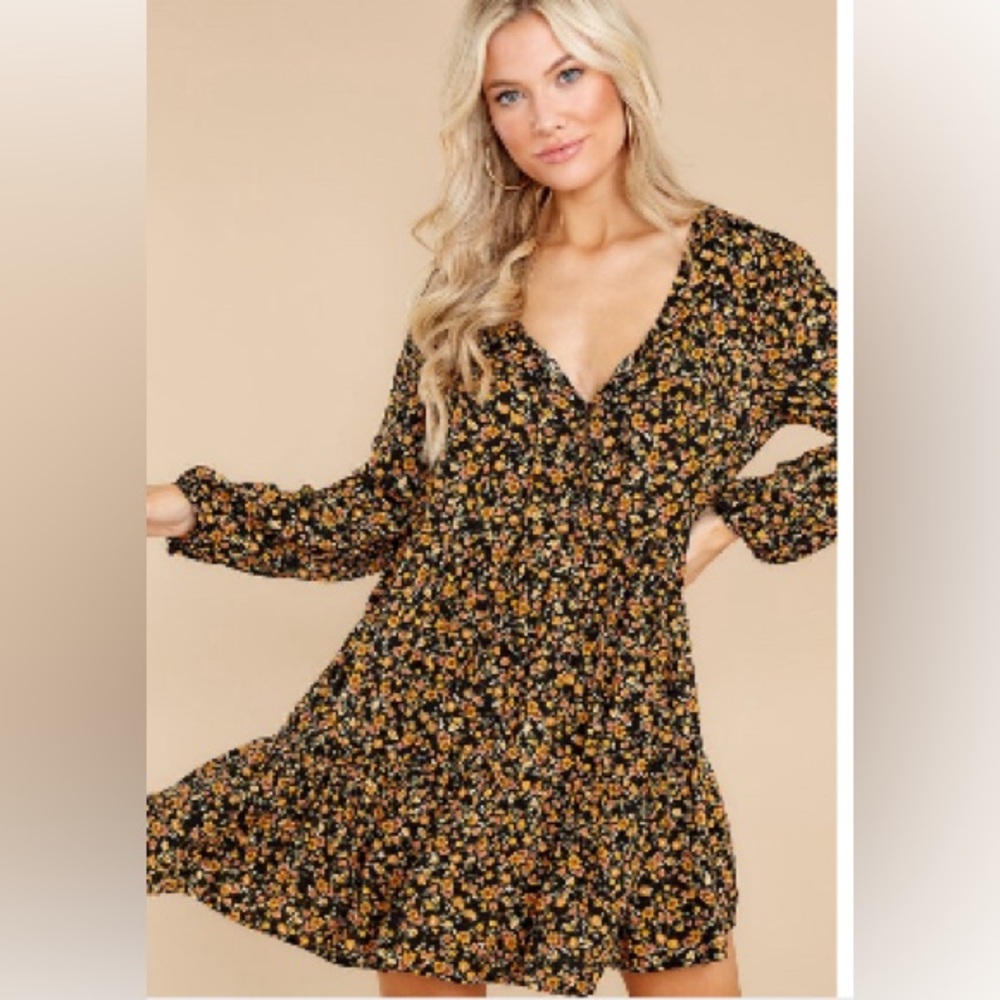 Black and Orange Floral Long Sleeve Dress